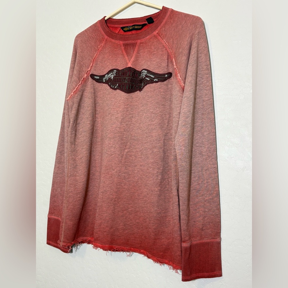 Harley-Davidson Red Ombre Crew Neck distressed Long sleeve Raw Hem‎ motorcycle L - Picture 4 of 14